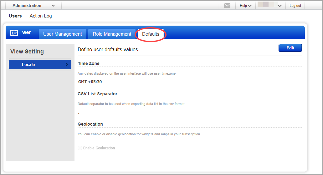 Defaults tab under Users.
