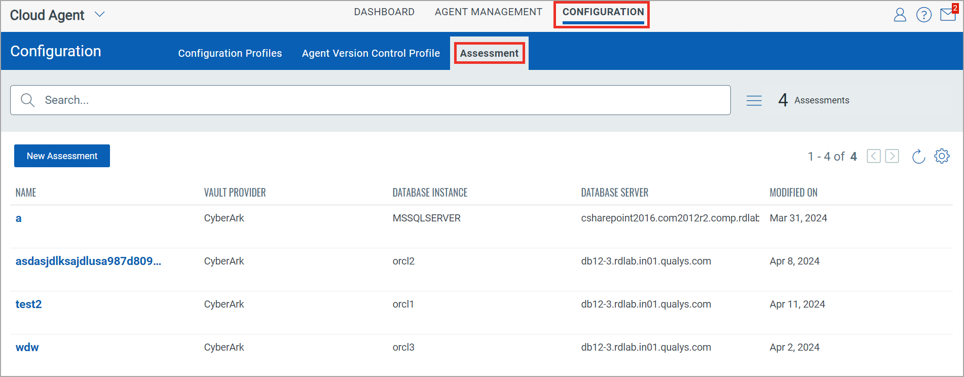 Assessment tab in Cloud Agent UI.