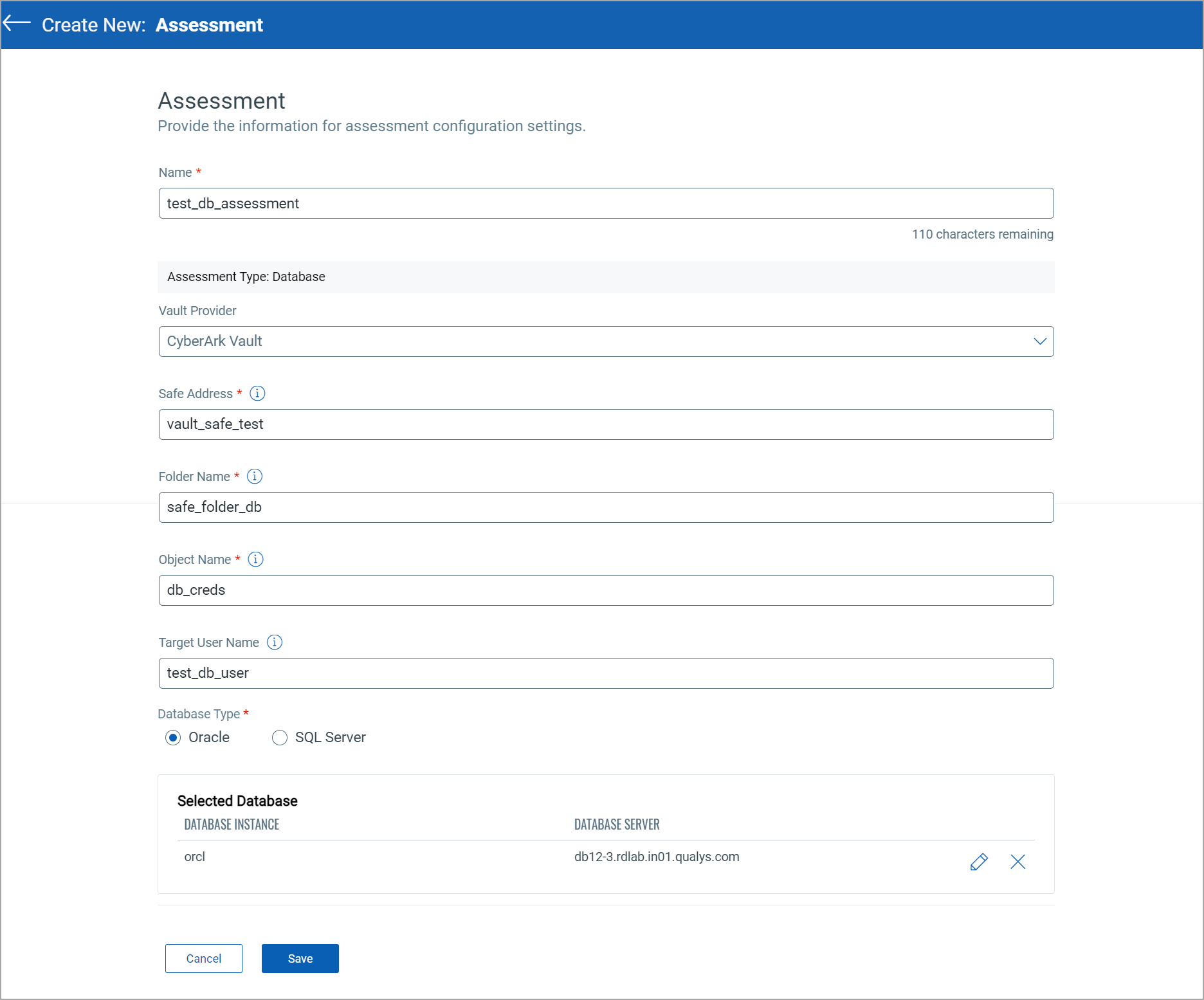 Create New Assessment screen.