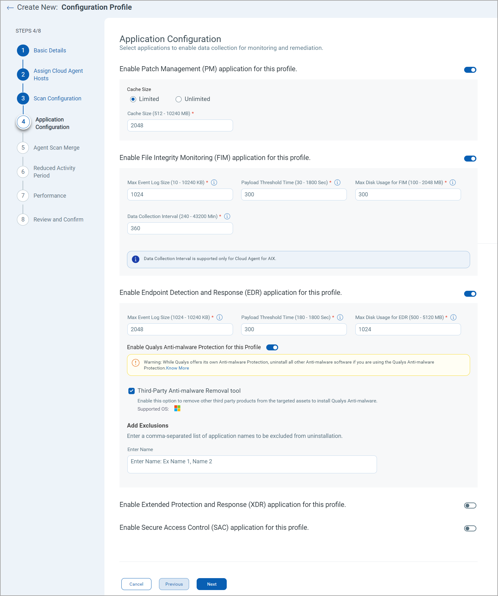 Application configuration screen.