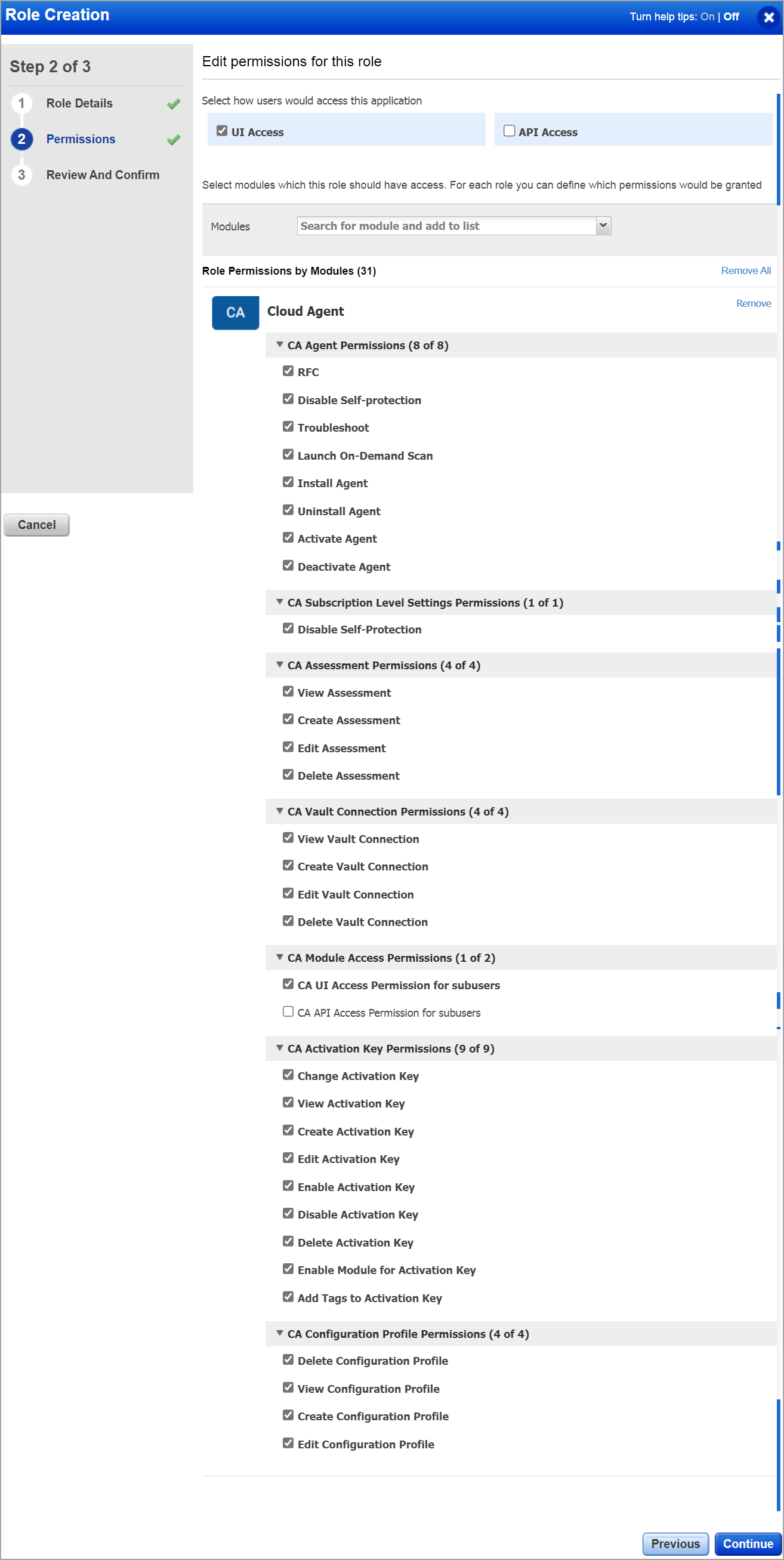 Edit role permissions to provide new  permissions for CA.