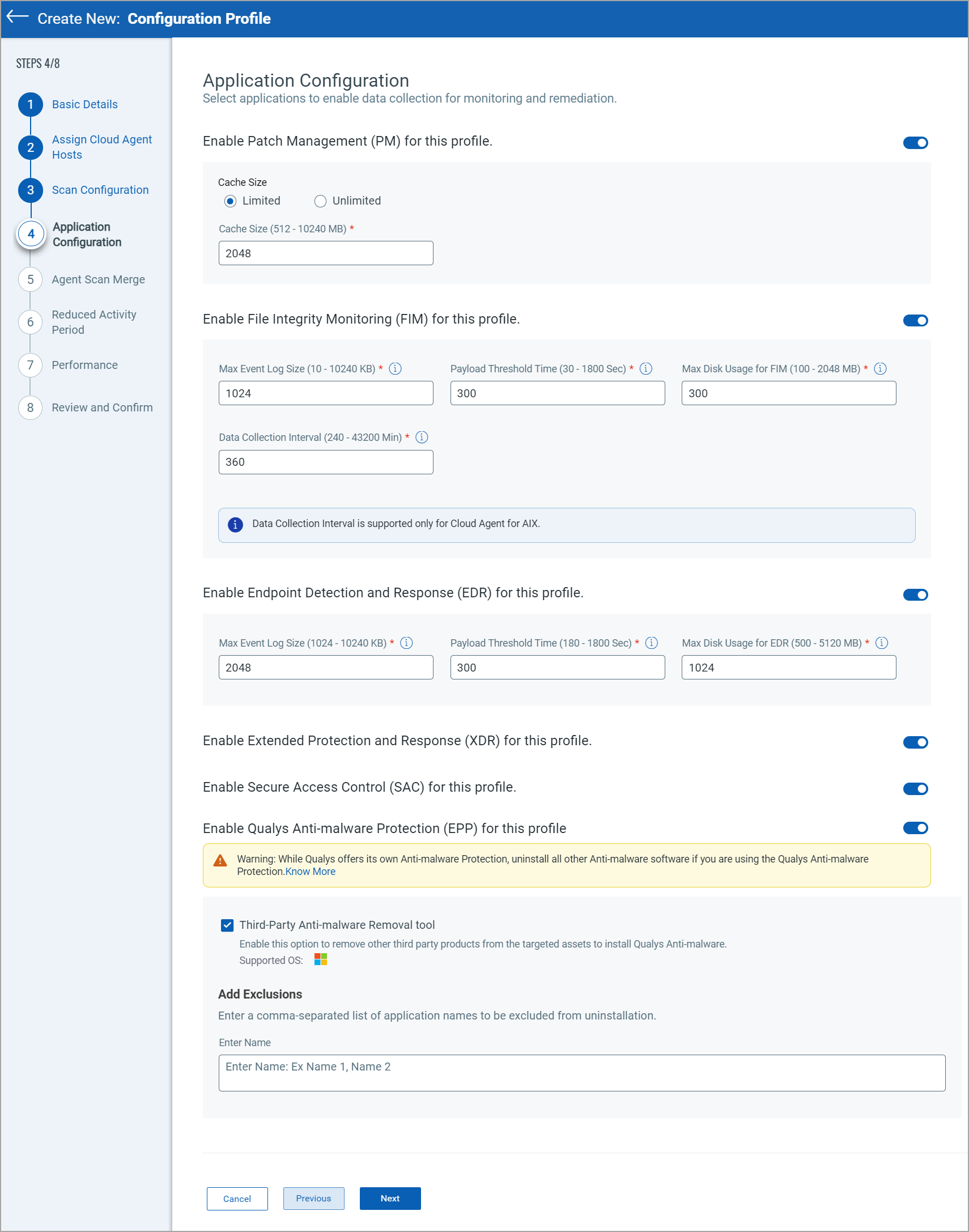 Application configuration screen.