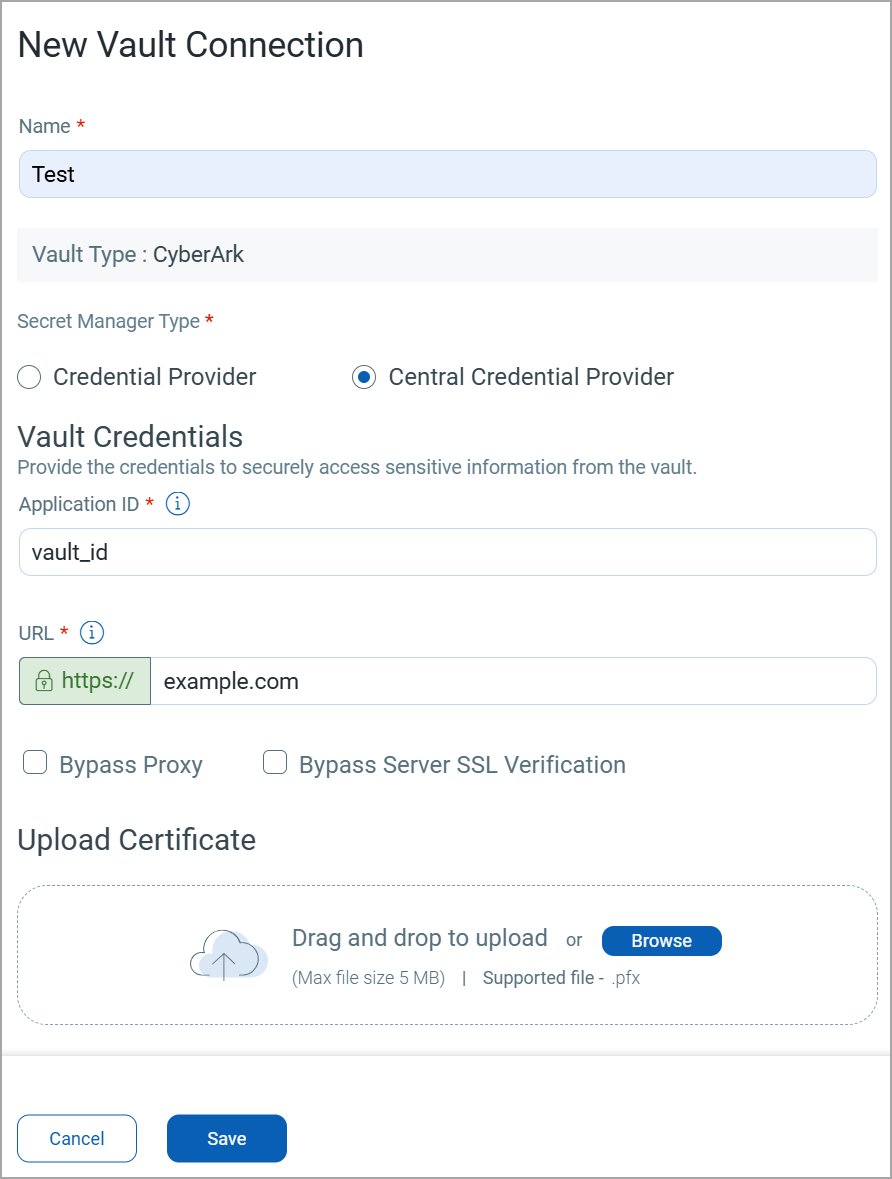 Window to create new vault connection.
