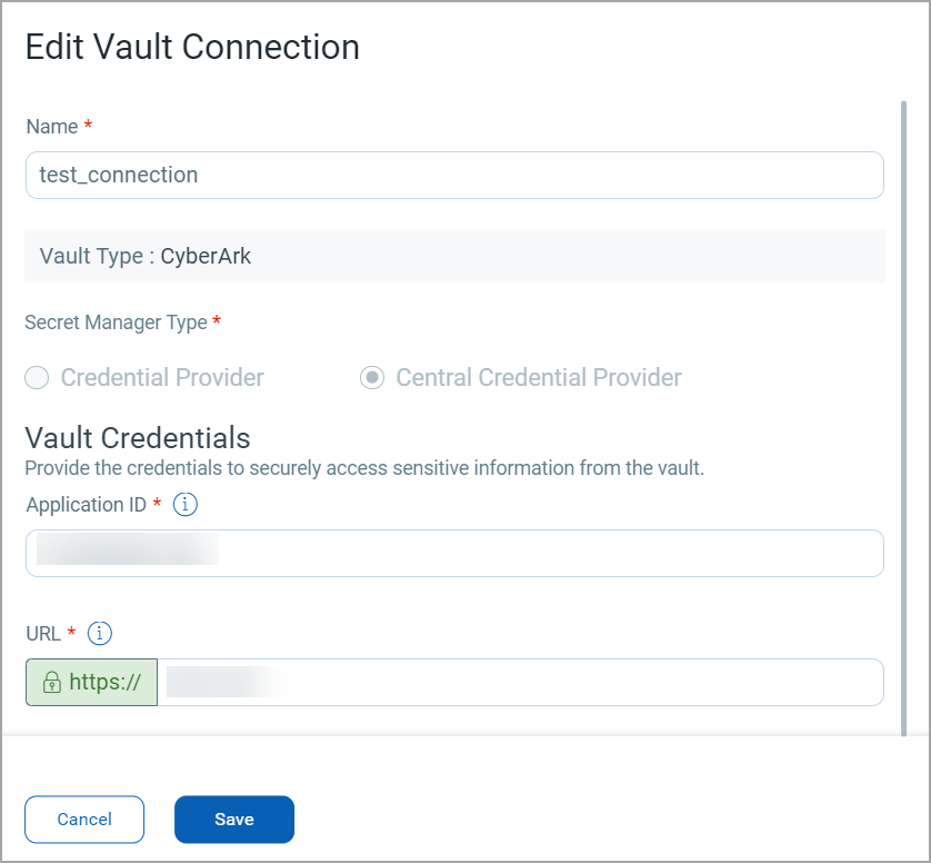 Edit Vault Connection settings window.