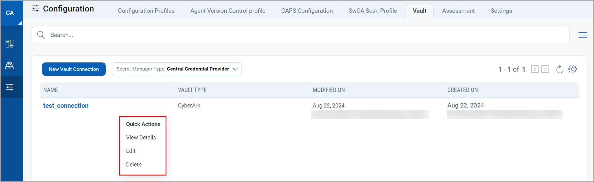 Quick Actions menu window for Vault Connections.