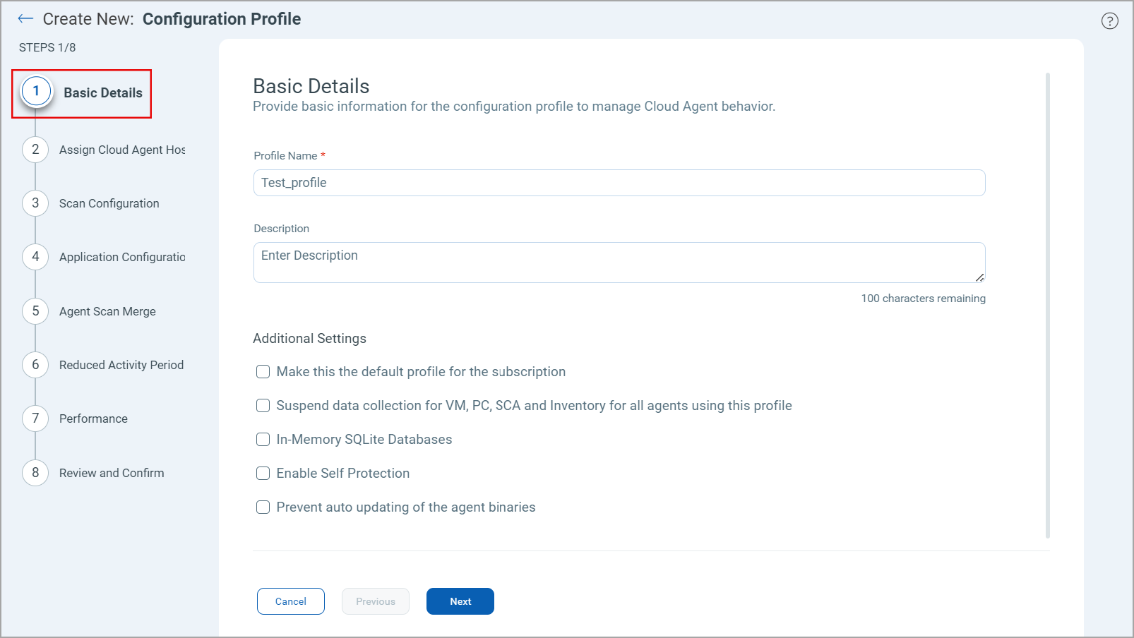 Basic Details window while creating a new configuration profile.