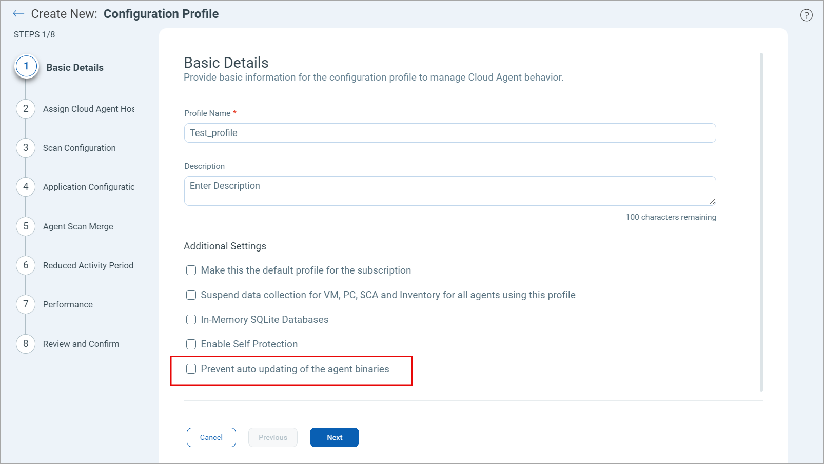 CA configuration profile - Blackout Windows pane - Prevent auto updating of agent binares.