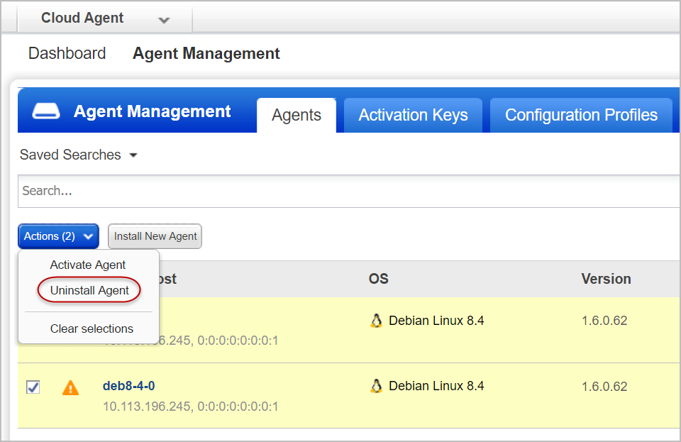 Actions Menu - Uninstall Agent option to uninstall multiple agents.