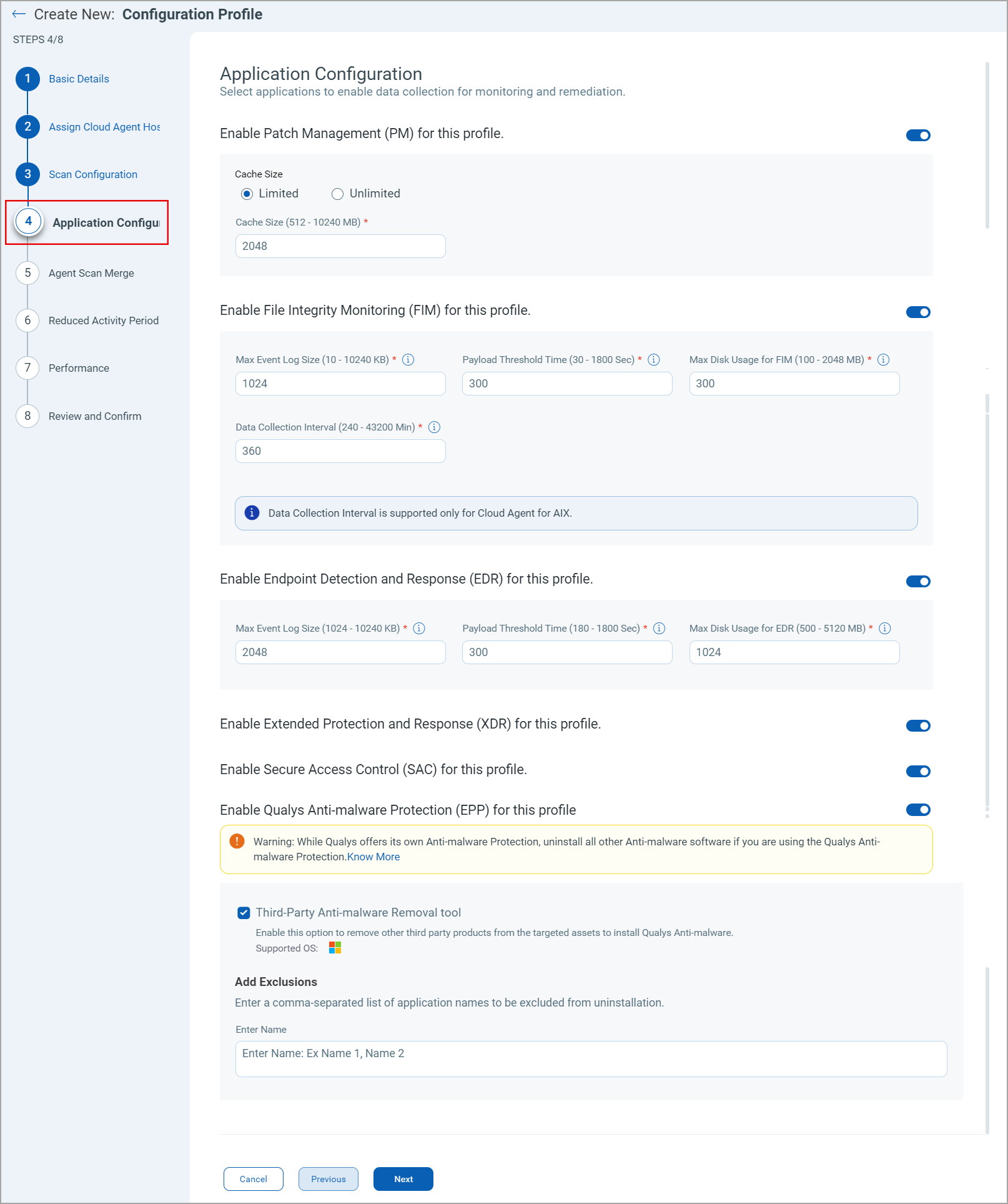 Application configuration screen.