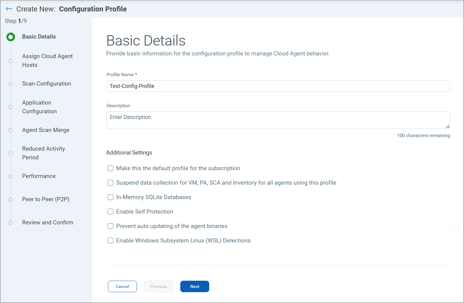 Basic Details window while creating a new configuration profile.