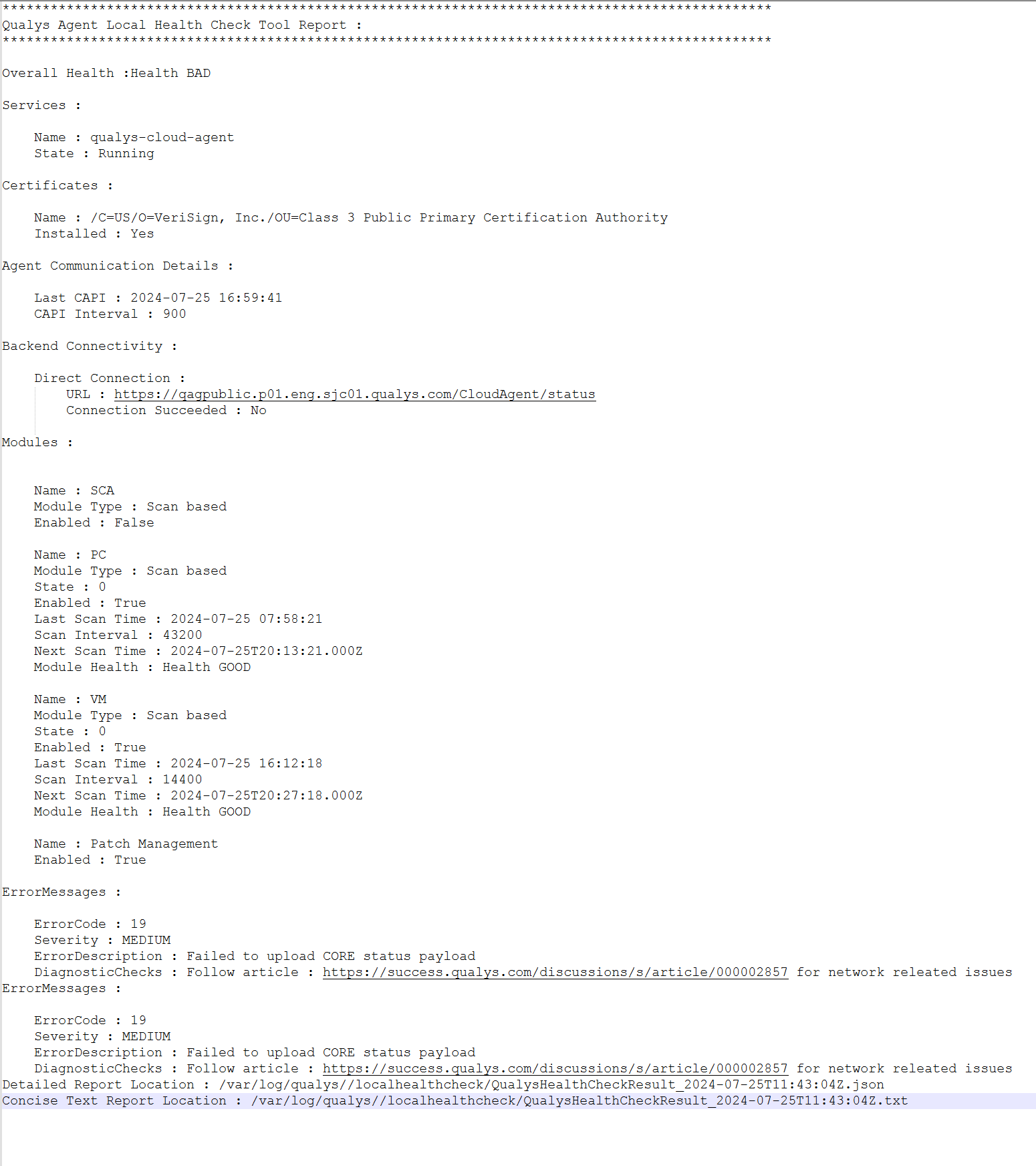 CLoud Agent Healt Check: Text Report.