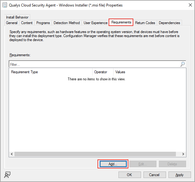 Cloud Agent Add requirements screen. 