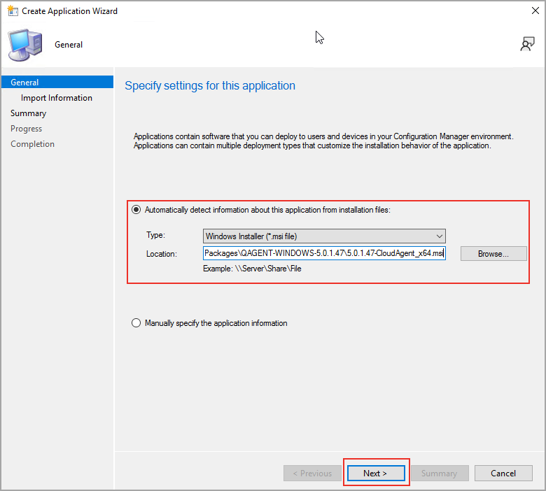 Create application wizard screen.
