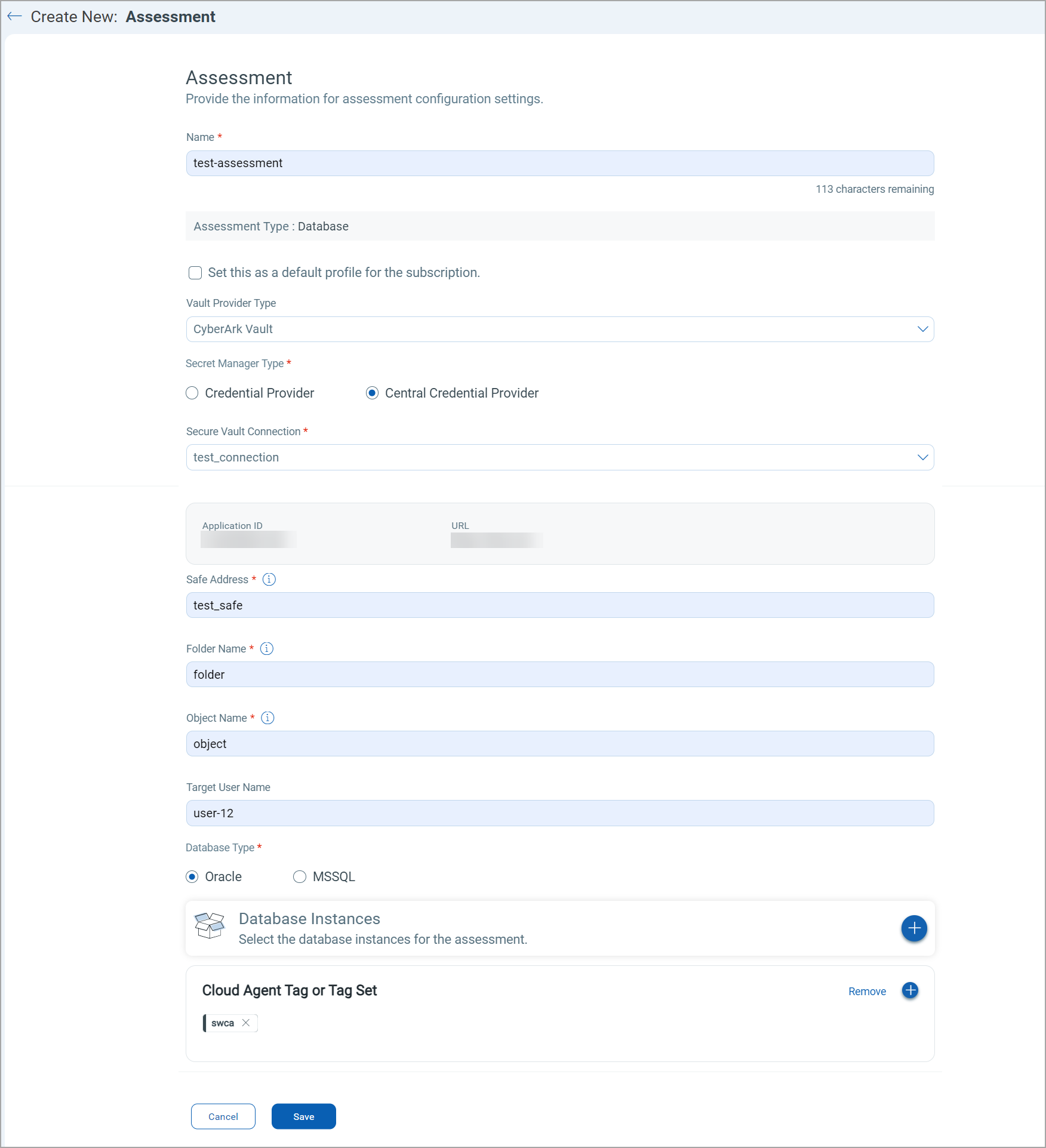 Create New Assessment screen.
