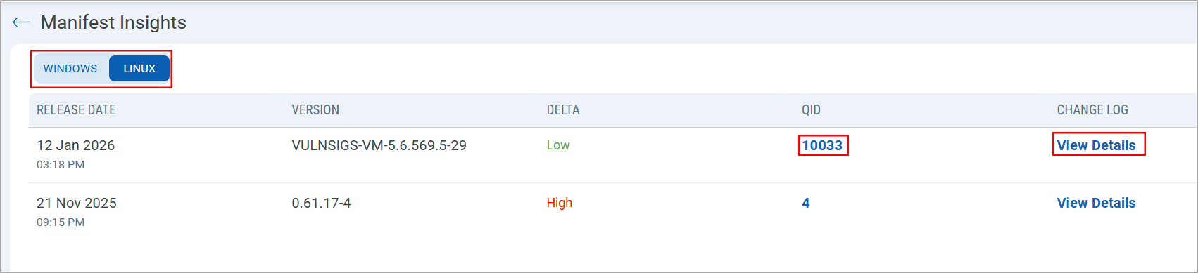 Manifest version details window for Linux and Windows assets.