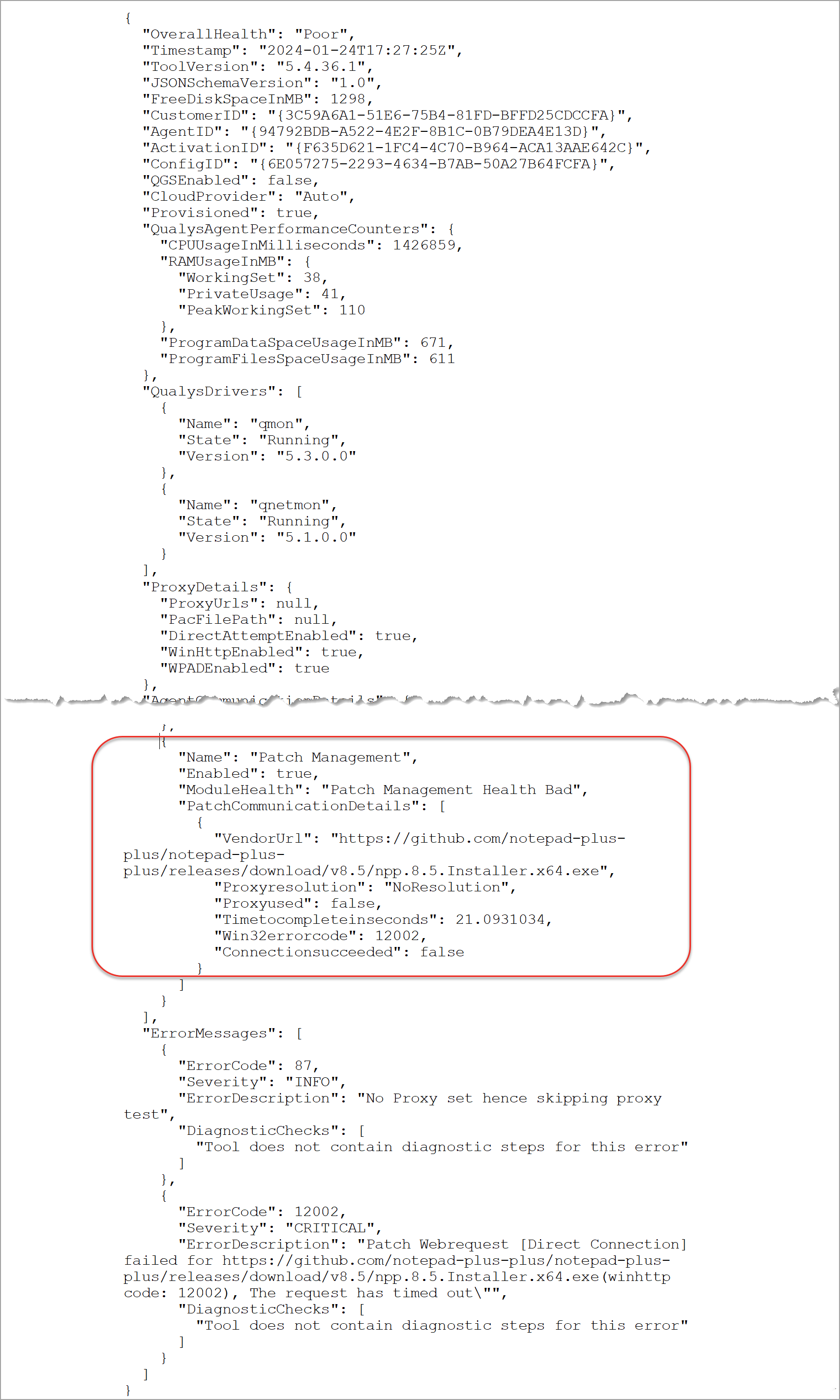 Cloud Agent Health Check: JSON Report.