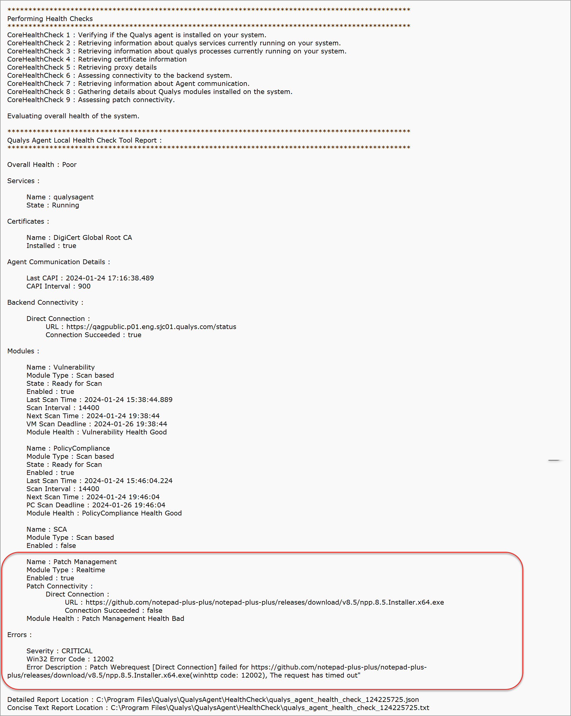 CLoud Agent Healt Check: Text Report.