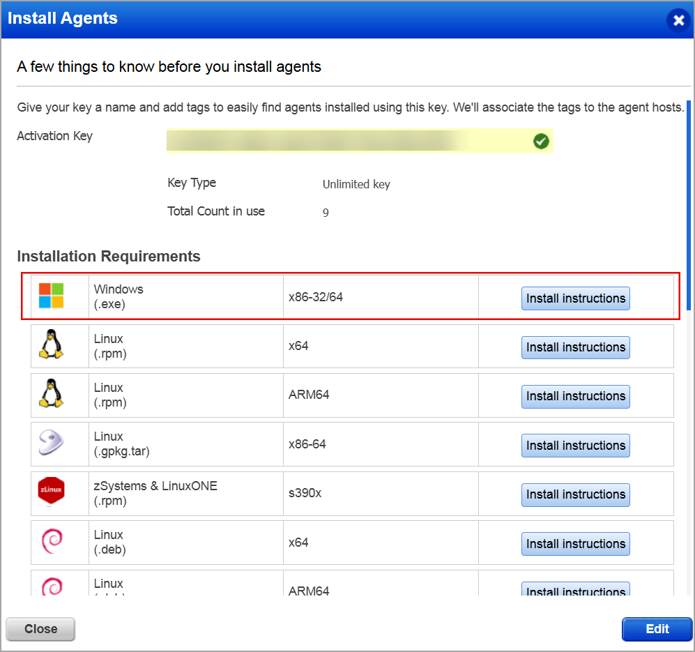 Install agent screen.
