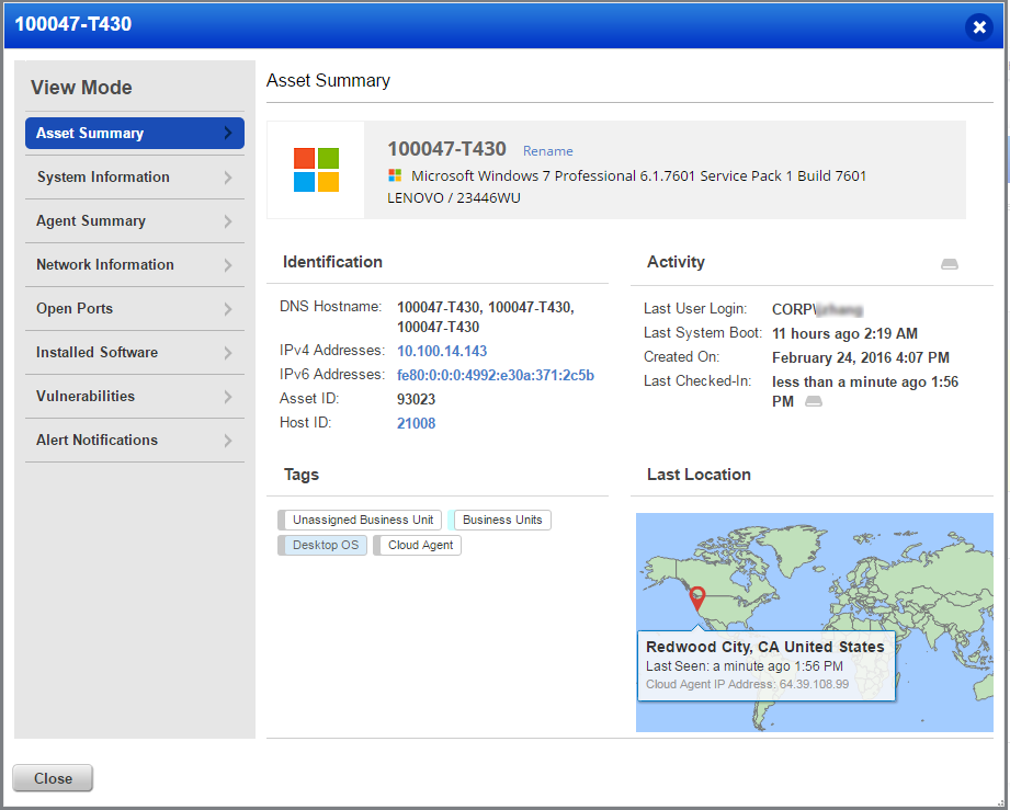 Asset Summary shows geolocation of the asset.