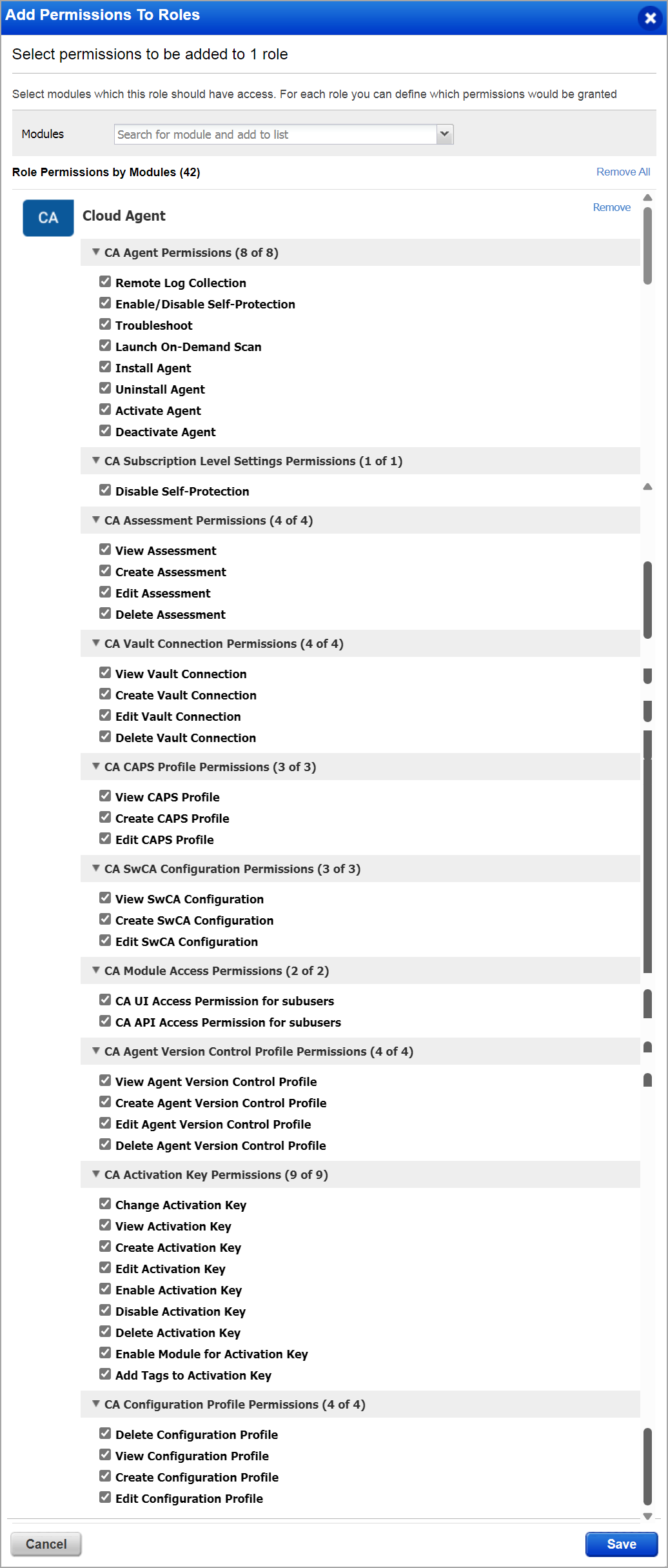 Edit role permissions to provide new  permissions for CA.