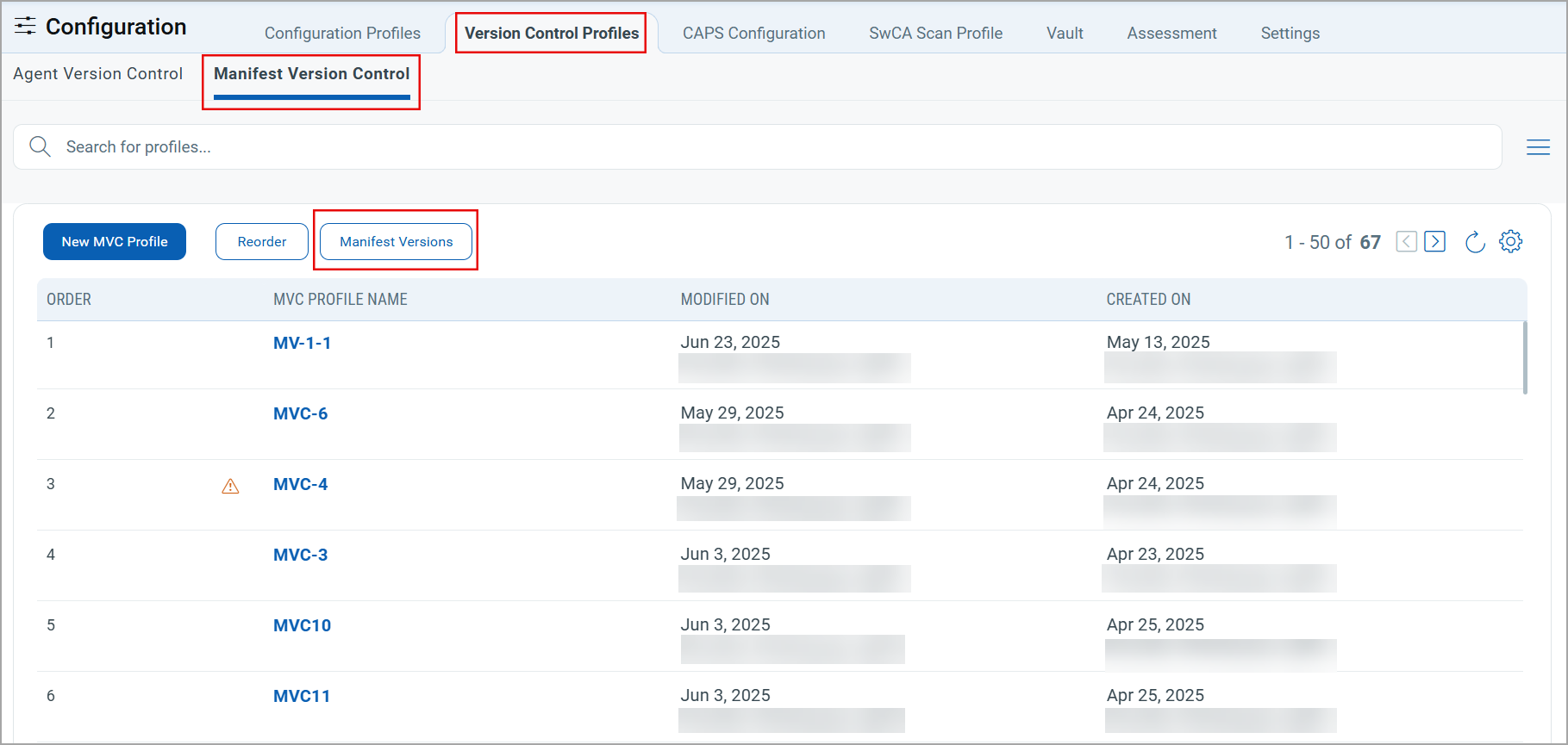 An option to view the manifest version details.