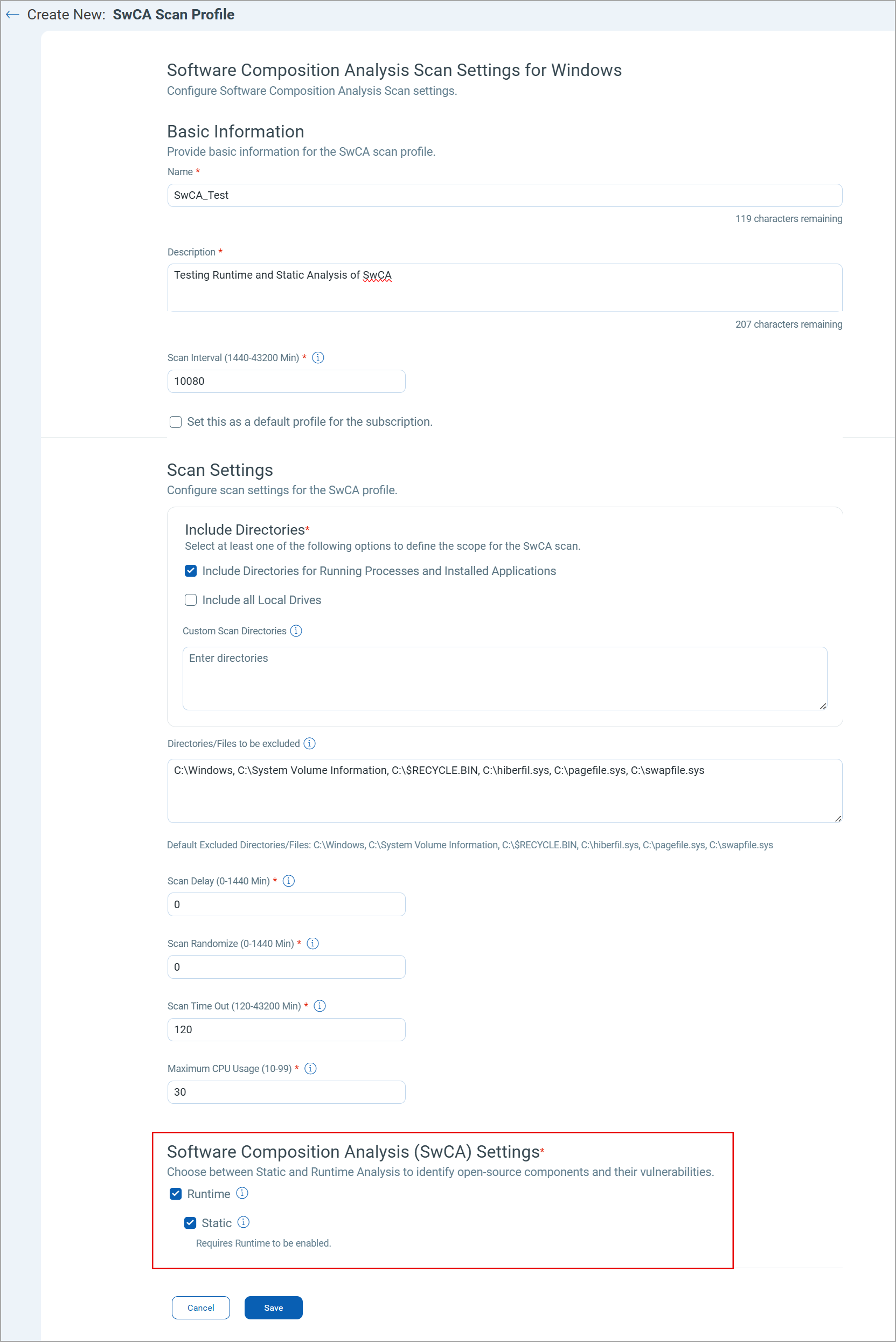 Option to specify Runtime or Static Analysis for SwCA scans.