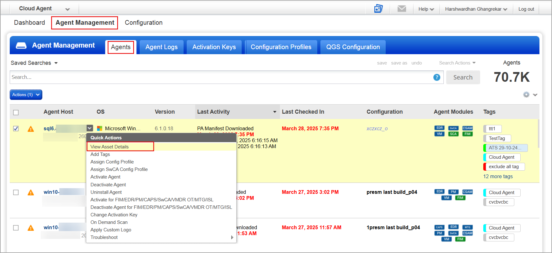 View Asset Details option the Quick Actions menu of Agents tab.