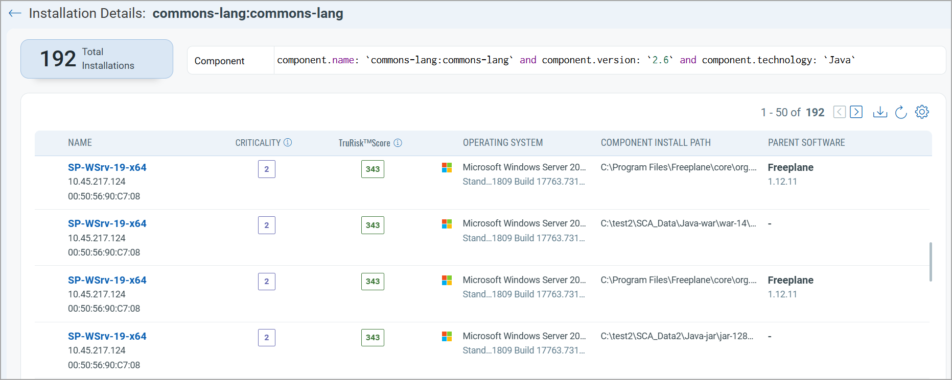 Component Installation Details for a Software Component.