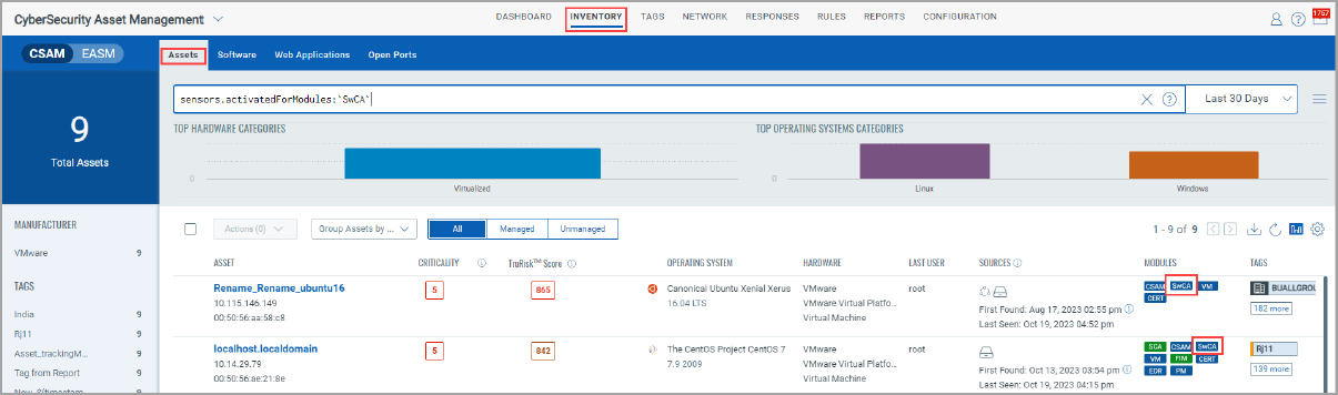 assets tab in csam displaying assets with swca tag.