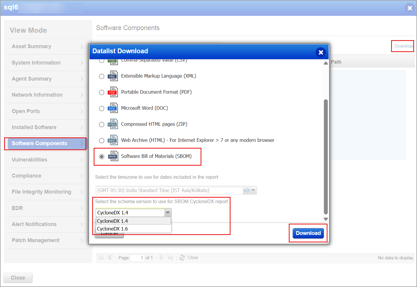 SBOM download window.