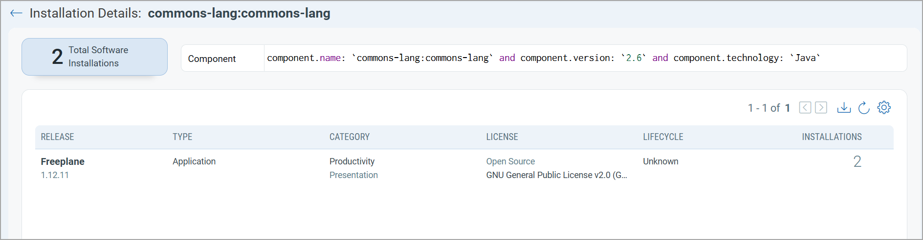 Parent software details for a component.
