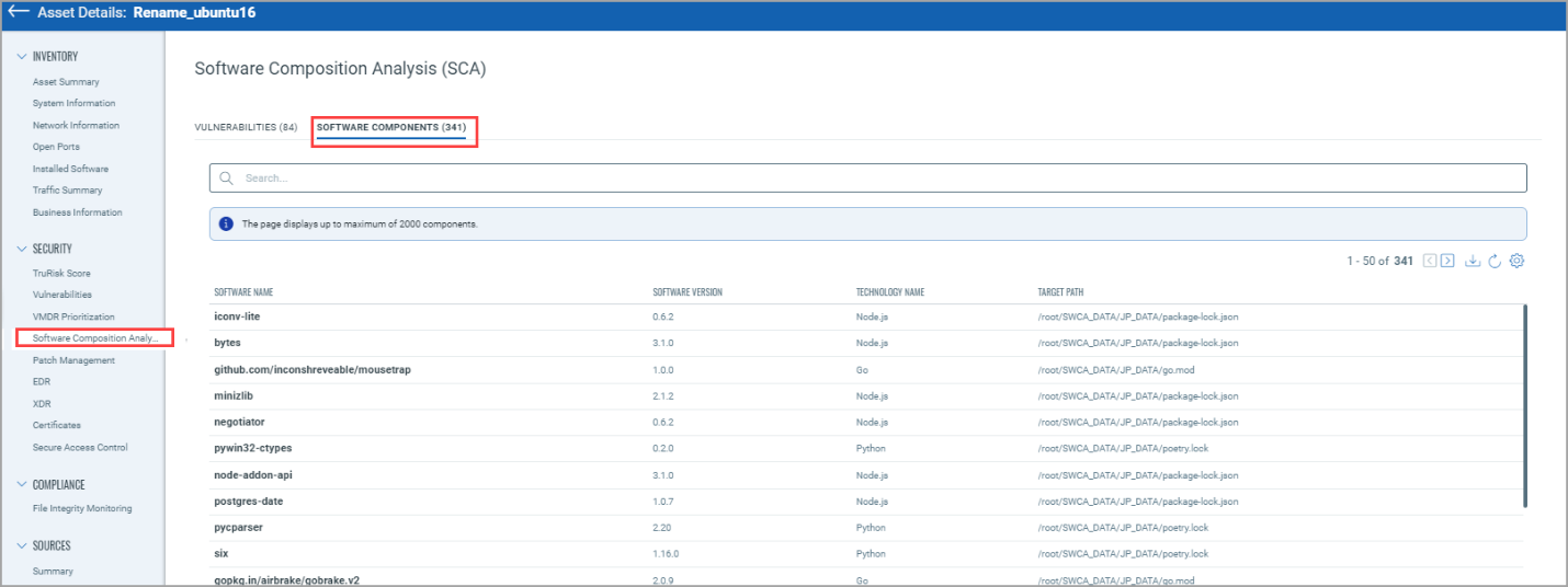 software components in asset details.