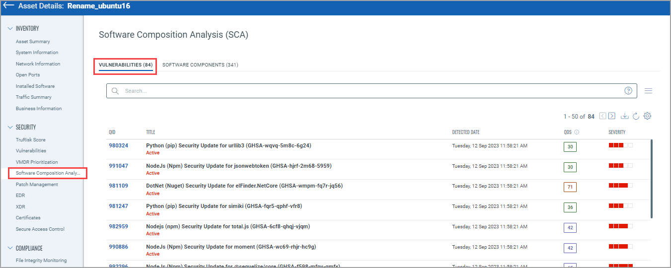 vulnerabilities found by swca scan in asset details.