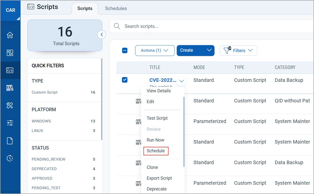 Image of the Schedule option from Quick Actions menu