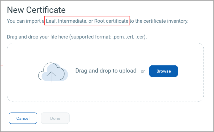 Viewing import certificate window.