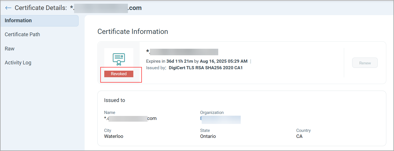 View the status label displayed under the certificate name.