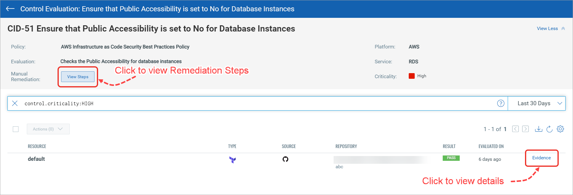 Control details with Remediation steps and evidence details option highlighted.