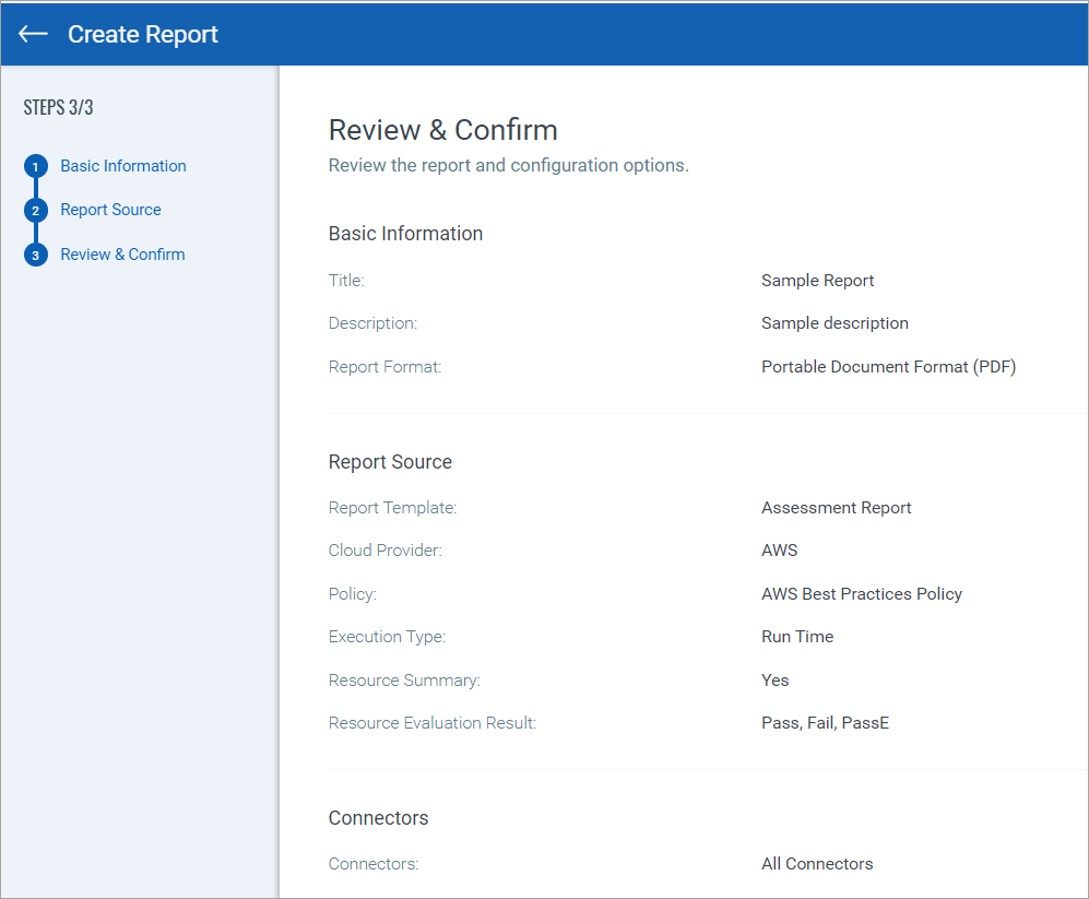 Summary displaying the report settings.