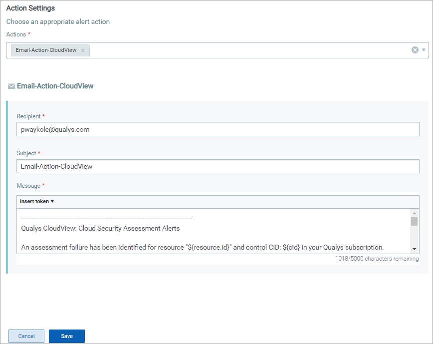 Setting options for configuring the required action.