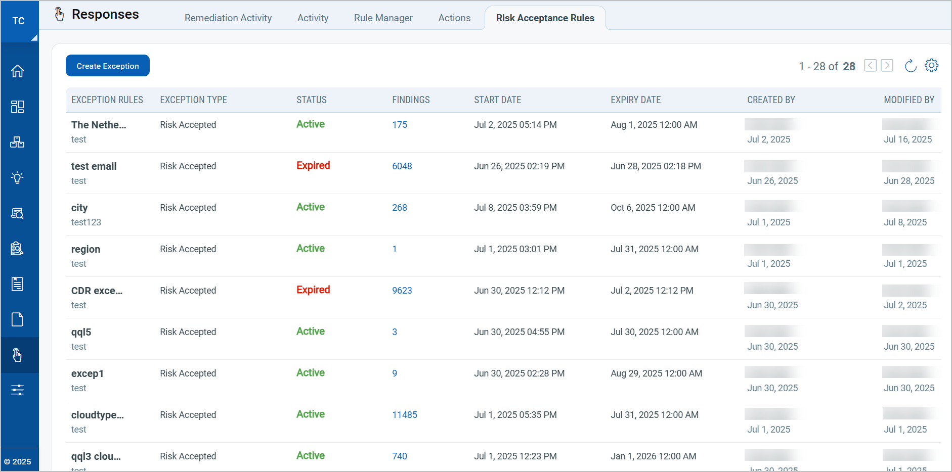 Risk Acceptance Rules tab