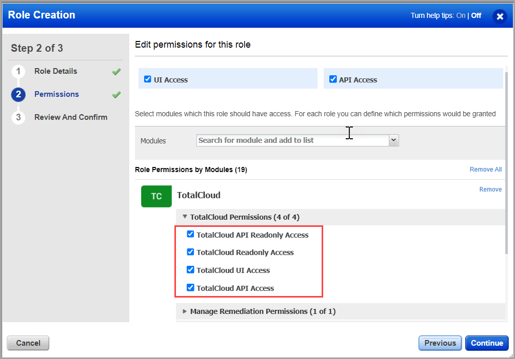 Permissions to be configured for reader role.