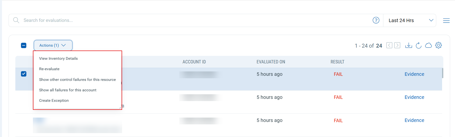 Actions menu for a selected control.