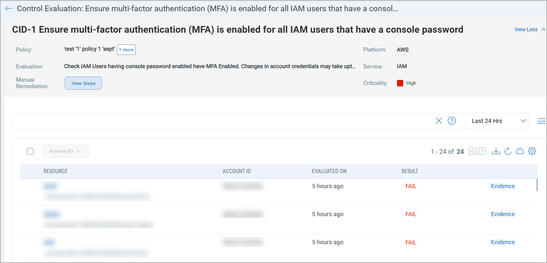 Control details with Remediation steps and evidence details option highlighted.