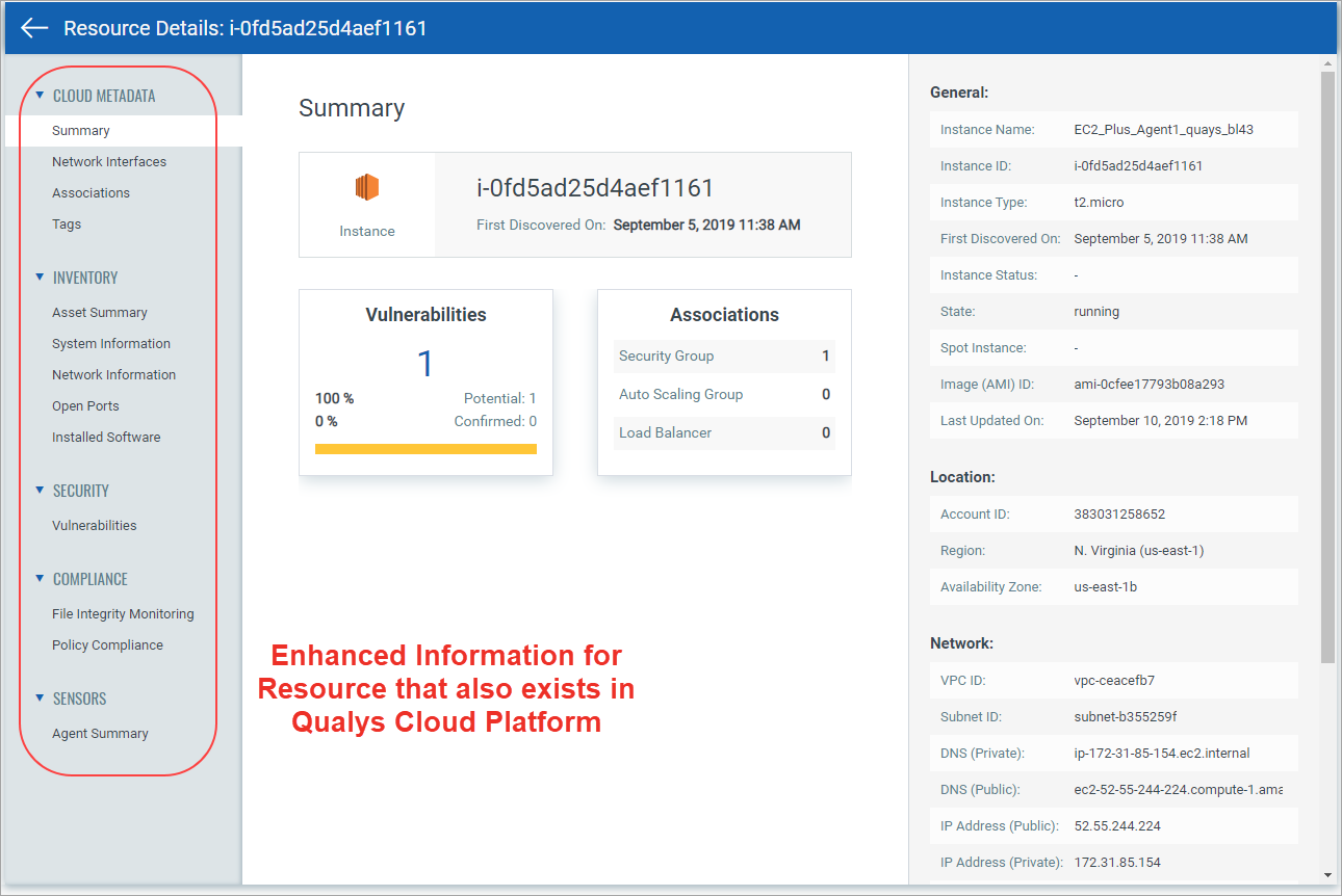 Additional information displayed for resources that also exist in Qualys Cloud Platform