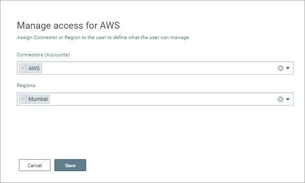 Defining scope using connectors and regions for a user.