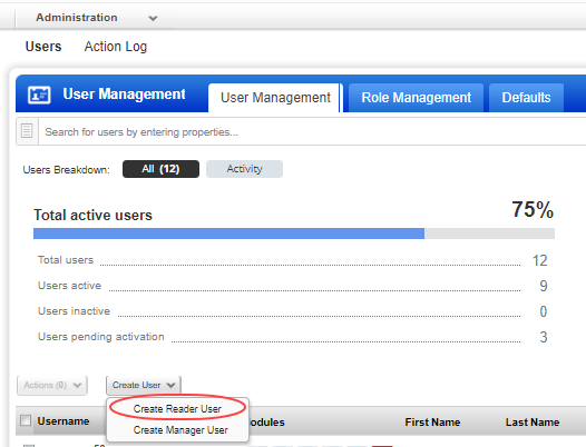 Navigation to create Reader User in Administration utility.