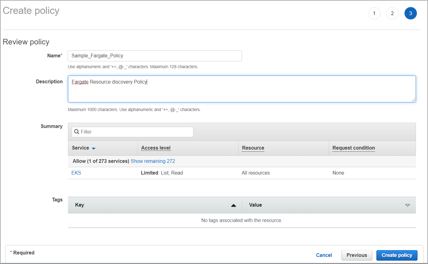 Steps to create policy with required permissions for Fargate profile.