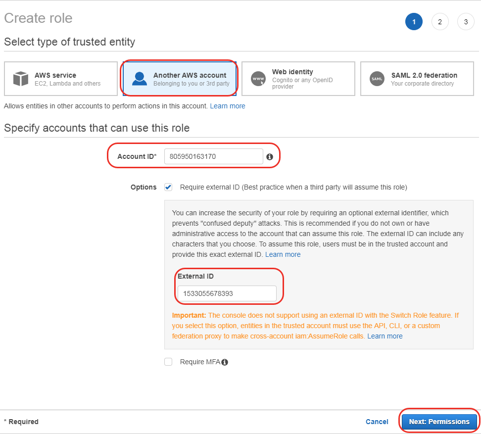 Role creation in AWS console.