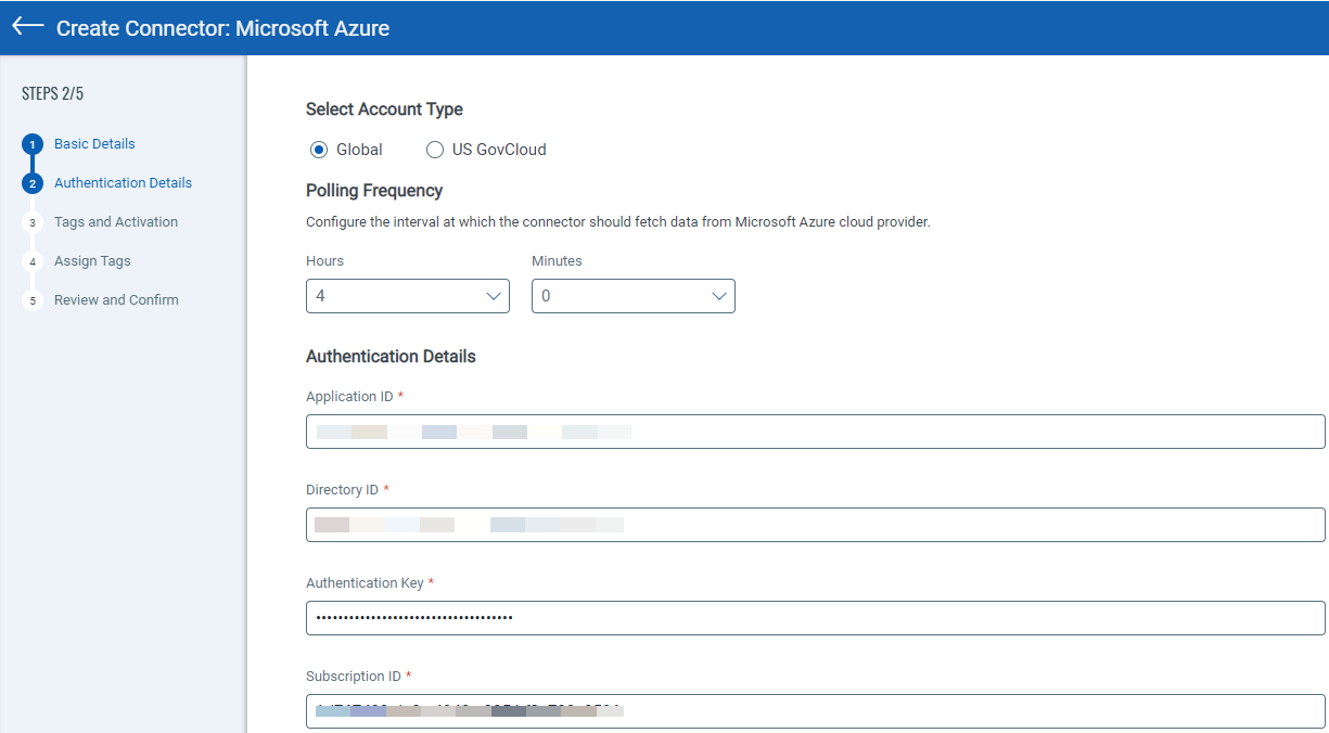 authentication details for azure connector