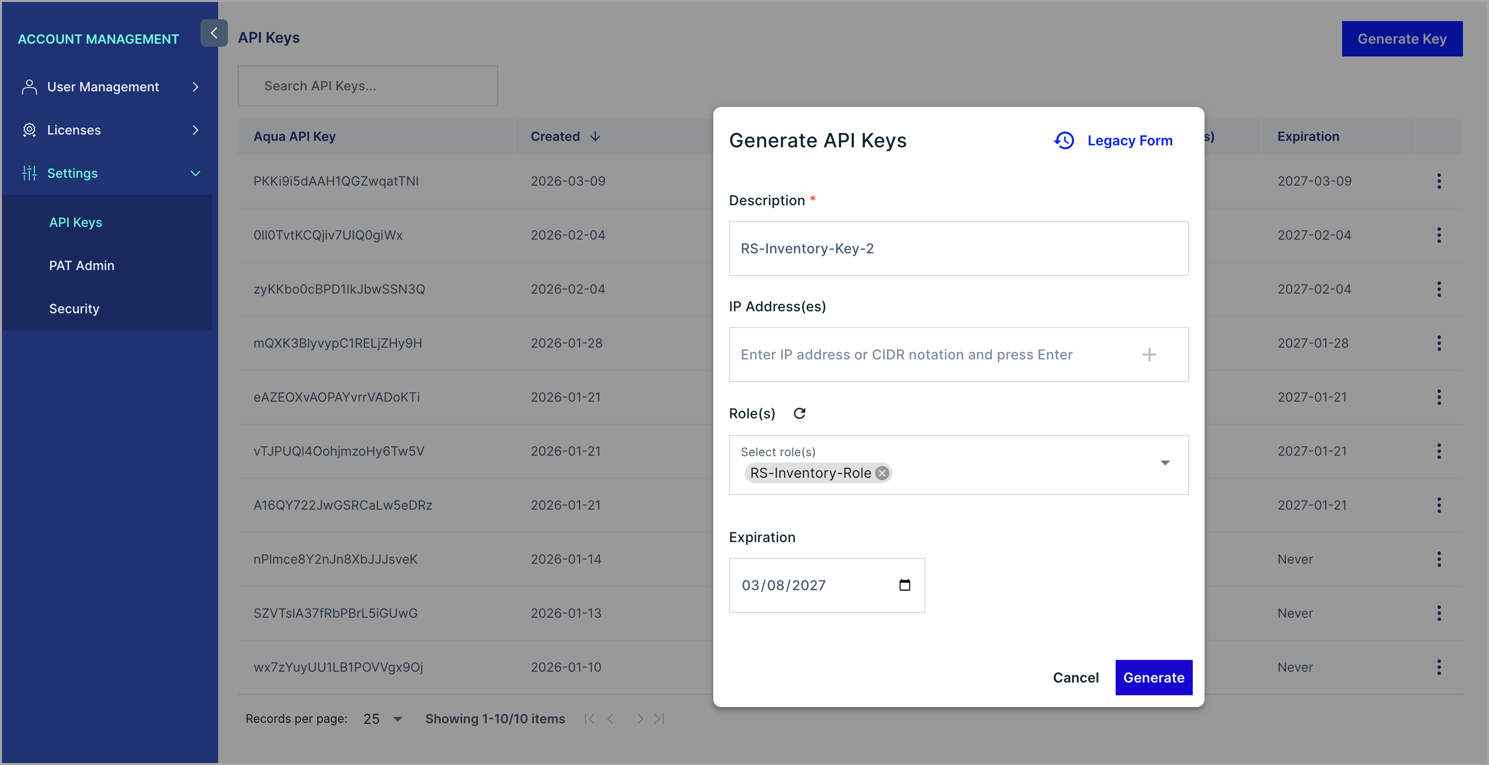 Aqua API Key configuration screen